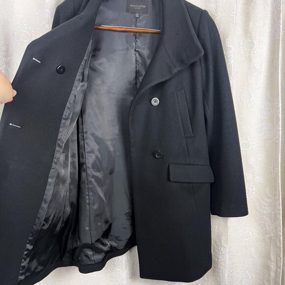 Uniqlo Wool Collection black double breasted stand collar coat midlength peacoat - Picture 5 of 11